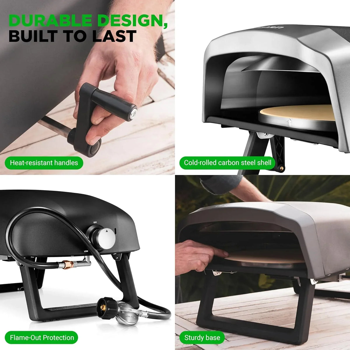 Outdoor pizza oven, equipped with 360-degree rotating pizza stone | Adjustable temperature control | Includes pizza shovel, pizza knife, stone, lid and hose | Can bake a 12-inch pizza in 60 seconds | 32.9 x 16.1 x 12.4 inches