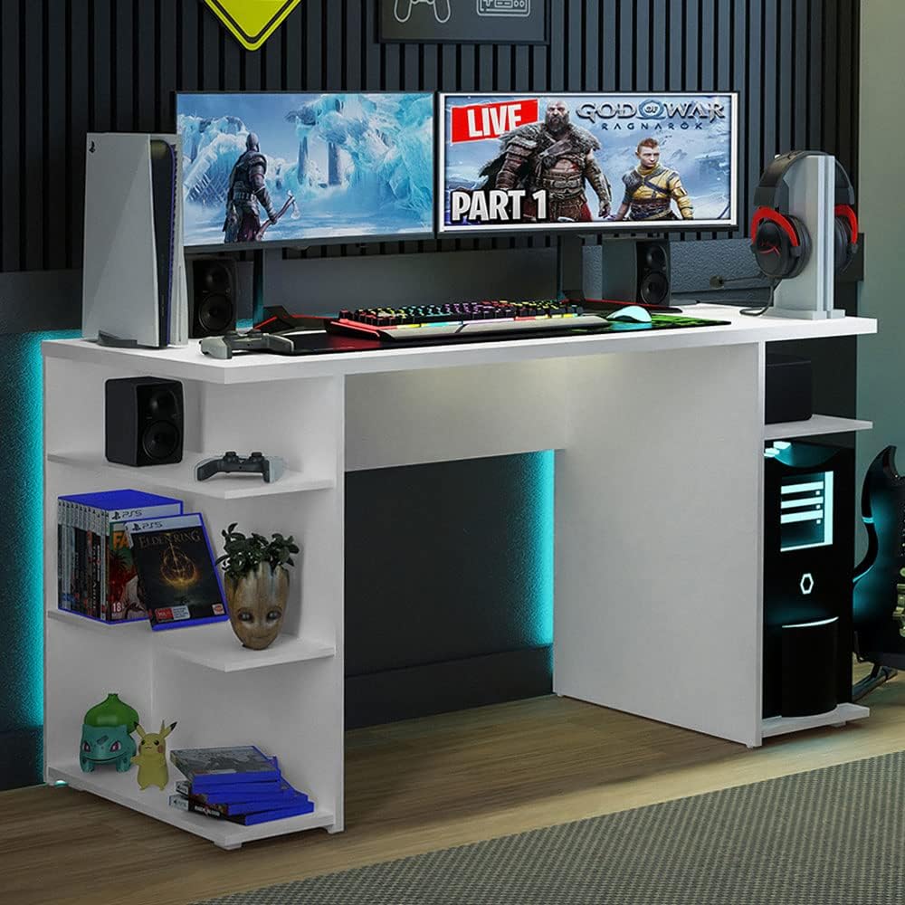 Madesa Large Modern Gaming Computer Desk 53 Inch with 5 Shelves Cable Management Student Study Wooden Table Home Office Gamer Desk for Kids and Adults - White