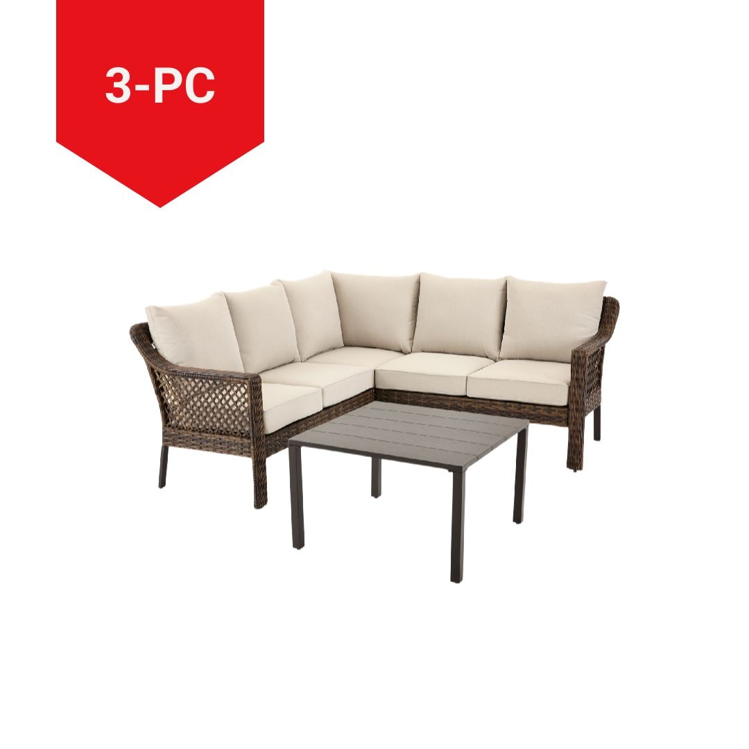 FOR LIVING Bracebridge All-Weather Wicker Outdoor Patio Sectional with Woodgrain Steel Table Top, Brown, 3-pc