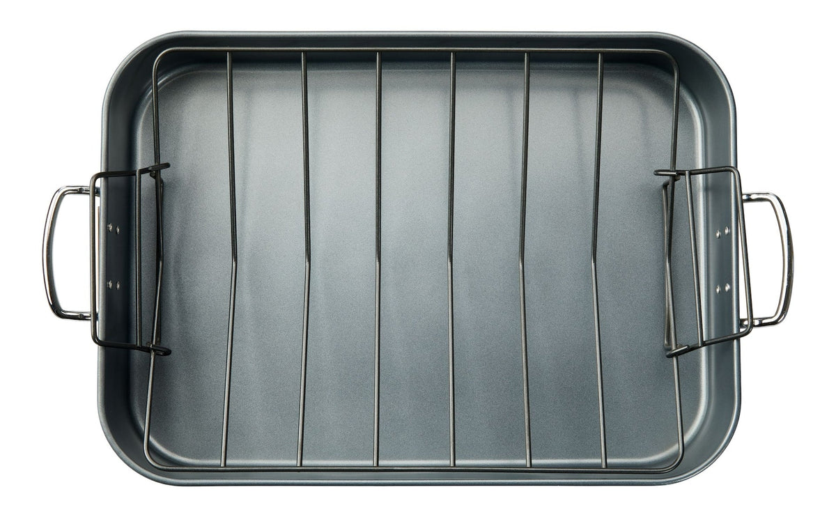 Master Chef Heavy-Duty Grey Non-Stick Roaster with Handle and Rack, 17-in