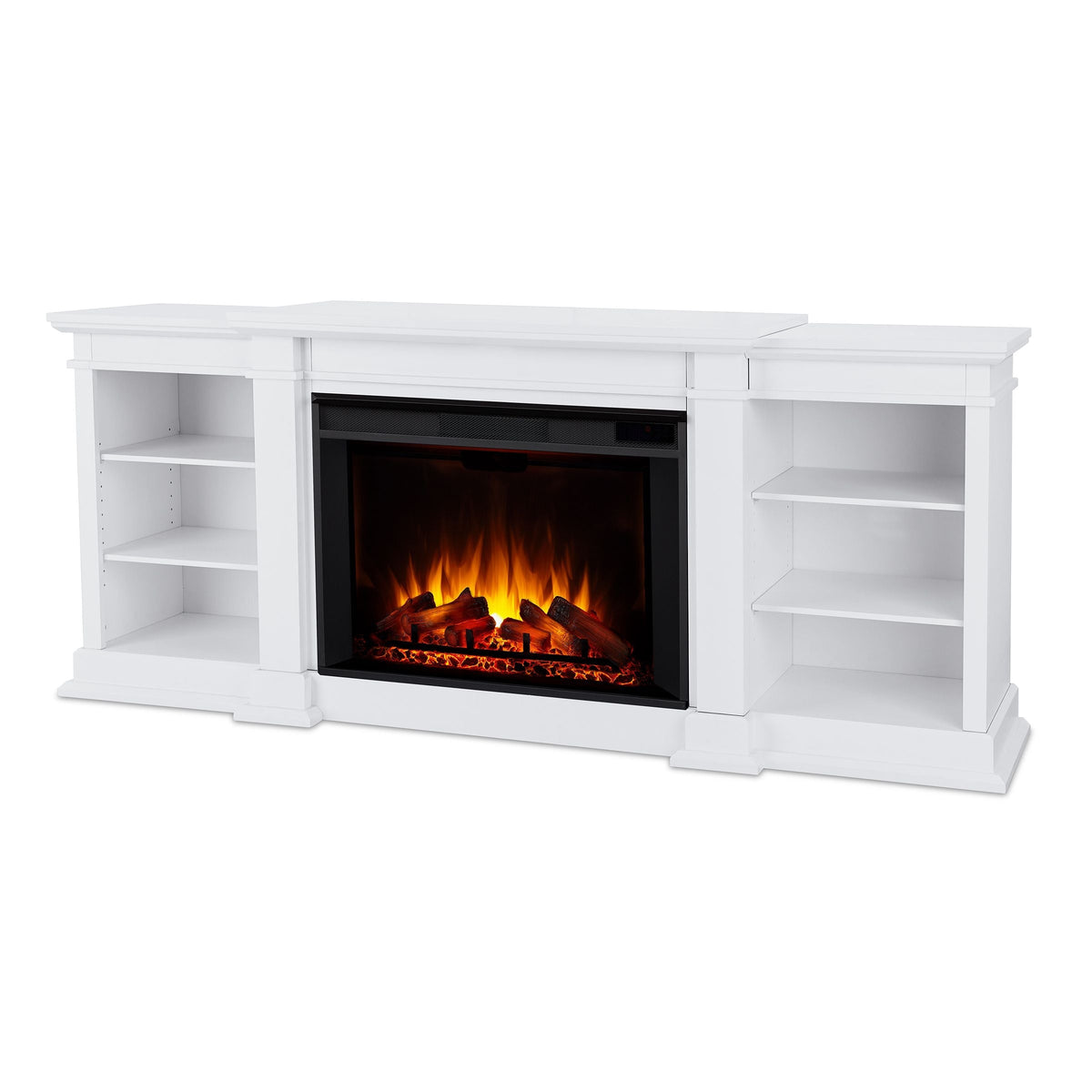 Real Flame Eliot Grand Entertainment VividFlame Media Indoor Electric Fireplace TV Stand, 1500W, Includes Remote Control & Firebox, White