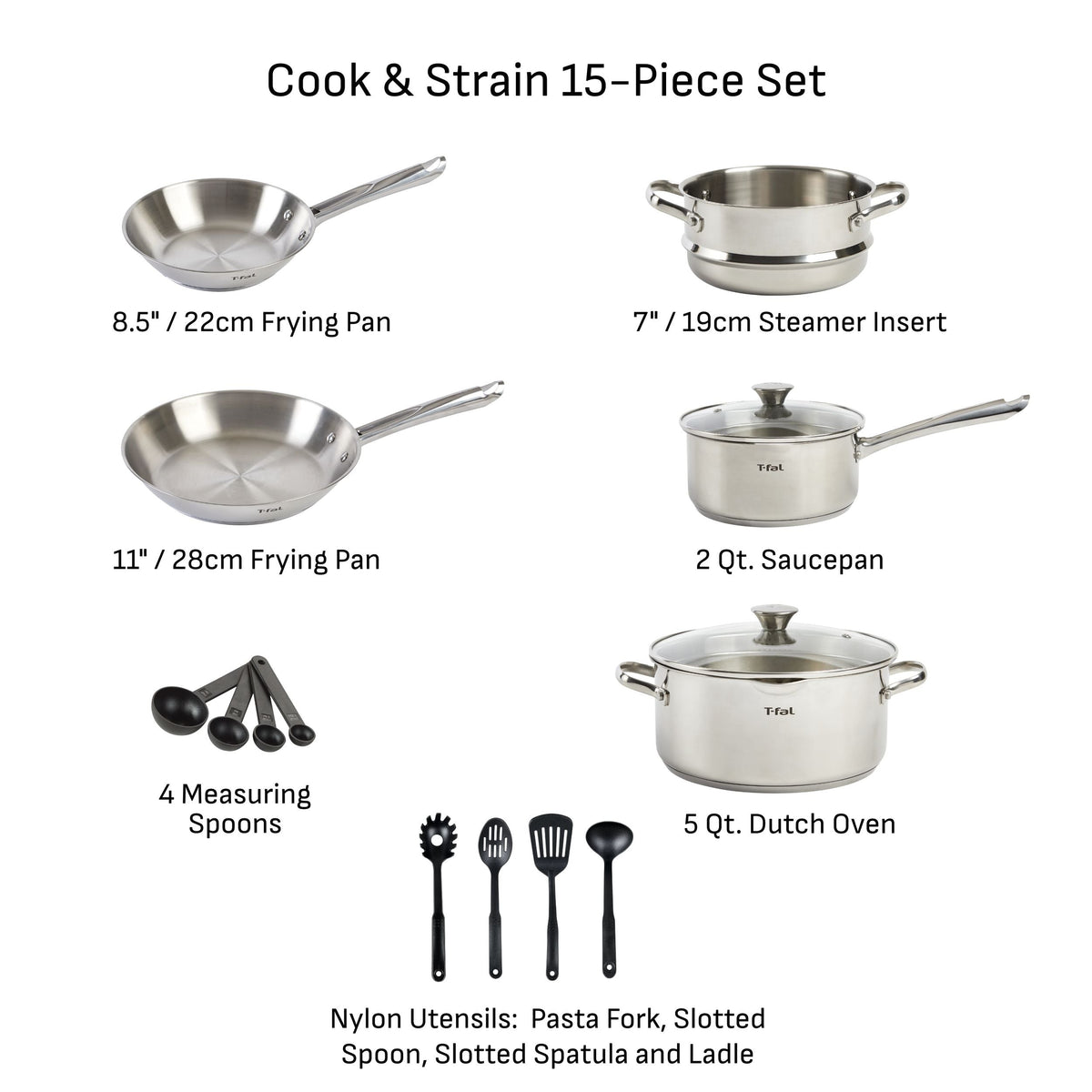 T-Fal Cook and Strain Stainless Steel Cookware Set, 15-pc