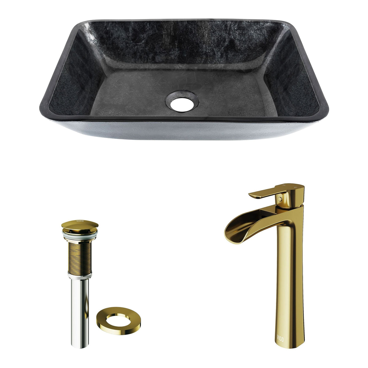 VIGO Glass Grey Onyx Bathroom Sink/Basin Set with Matte Gold Niko Faucet and Rectangular Vessel