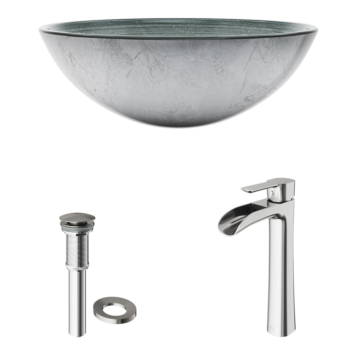 VIGO Glass Simply Silver Bathroom Sink/Basin Set with Niko Faucet and Round Vessel