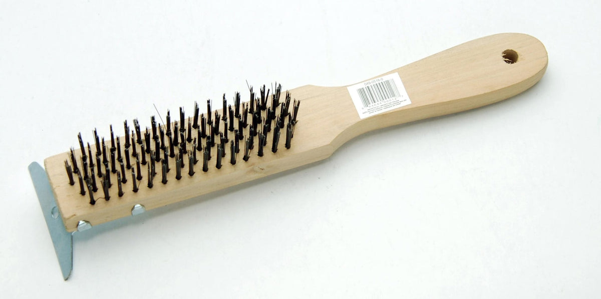 Wooden 5-Row Carbon Steel Wire Brush with Metal Scraper, Cleans/Removes Paint, Rust & Dirt
