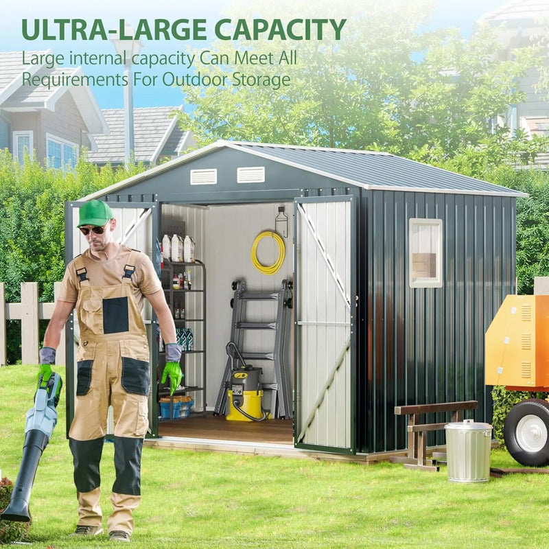 8x6FT Outdoor Steel Storage Shed with Clear Window, Lockable Doors, Weather-Resistant Metal Tool Shed for Garden, Backyard, Patio, and Utility Storage K8