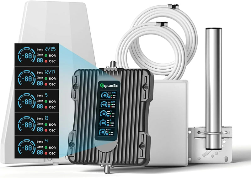A home-use mobile phone signal booster with a liquid crystal display, a five-band mobile phone signal booster, with a coverage area of up to 5000 square feet. P1