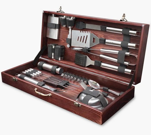 Outdoor Grill Accessories for Barbeque - Outdoor Grill Accessories for Barbeque - Premium Grill Tool Sets - Dark Wood Case Grilling Set - Griddle Accessories Kit - BBQ Gear B5