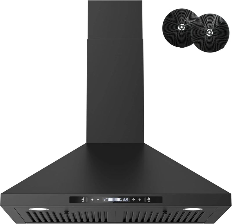 Wall-mounted black kitchen exhaust hood, 30 inches, 900 cubic feet per minute, built-in exhaust duct, three-speed exhaust fan, gesture/touch control, timer function, two baffles filters, stainless steel stove exhaust hood U5
