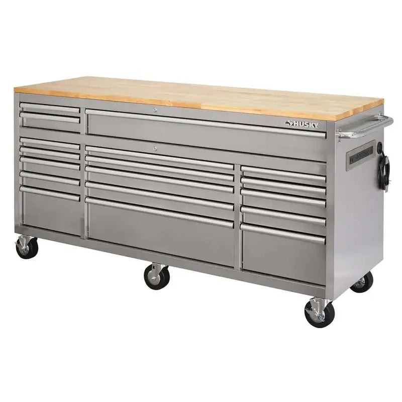 72 in. 18-Drawer 24 in. D Mobile Workbench with Solid Wood Top Stainless Steel B3