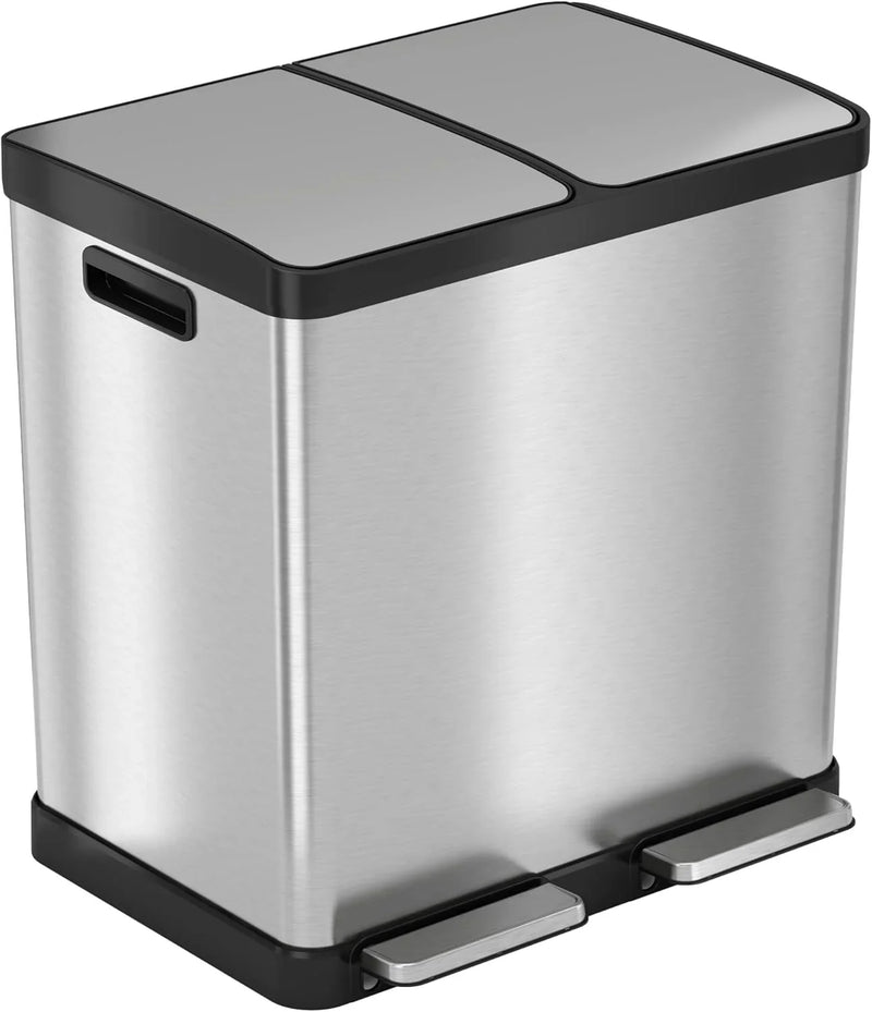16-gallon contact-free trash and recycling bins, made of stainless steel, with a double compartment design (each compartment holds 8 gallons), suitable for recycling and waste disposal in the kitchen. O4