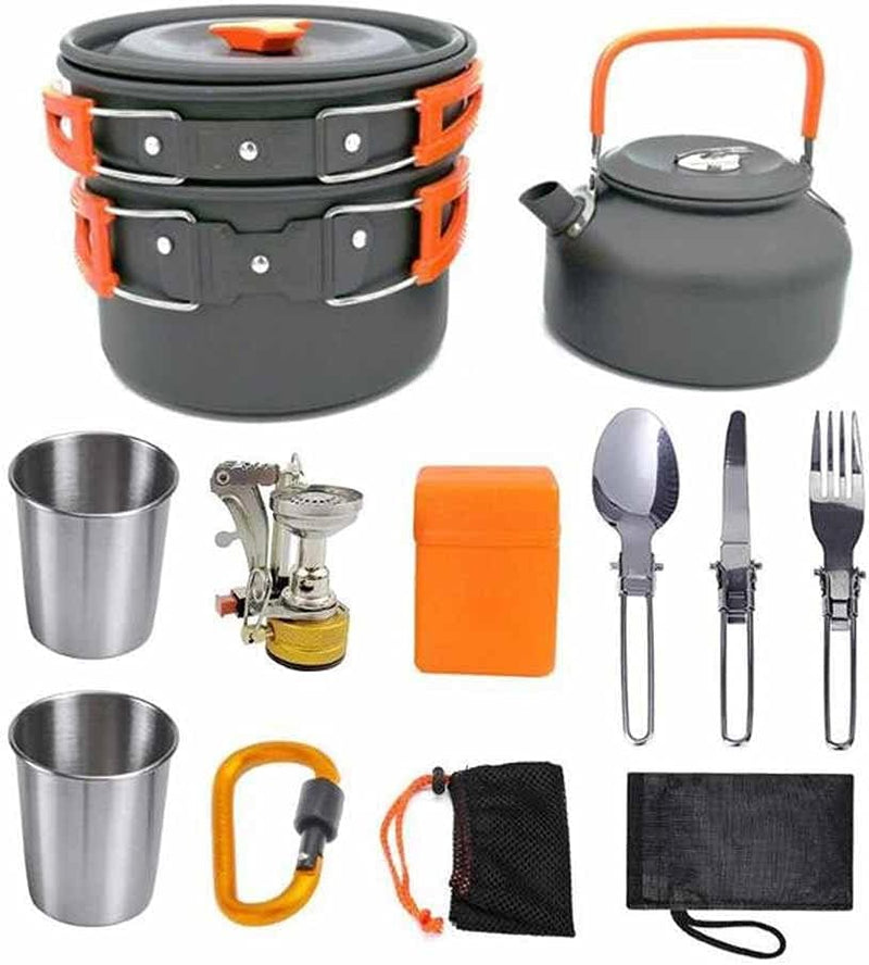 Camping cooking set - picnic cooking pot set - outdoor hiking and barbecue tableware set - camping travel supplies set including frying pan, water jug and stove A3