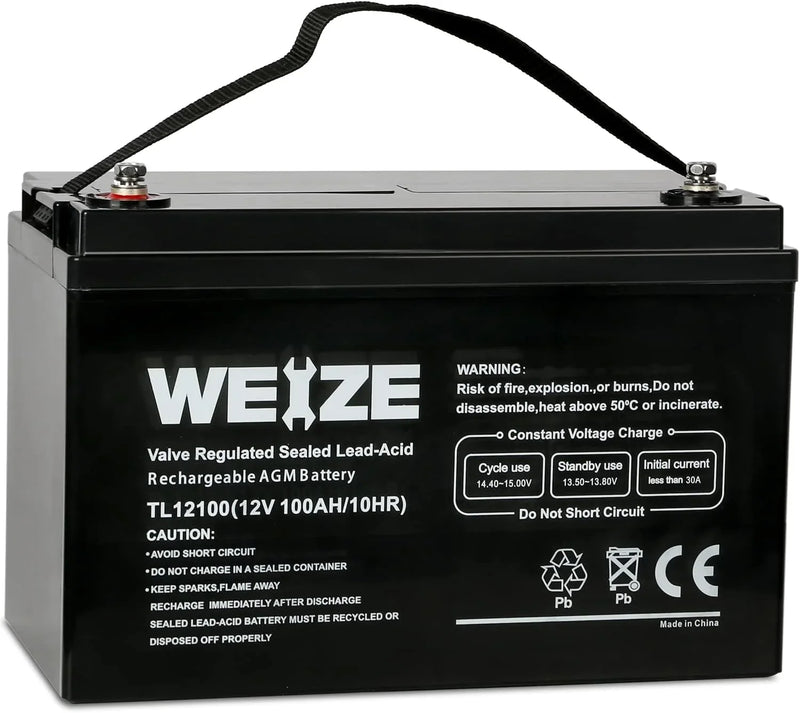 Deep Cycle AGM 12 Volt 100Ah Battery, Maintenance-Free, 3% Self-Discharge Rate, 1150A Max Discharge Current, Perfect for RV, Solar, Trolling Motor, Wind, Marine, Camping and Off-Grid System W2
