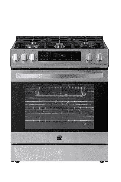 Kenmore 22-76853 5.6 cu. ft. Front-Control 5 Burner True Convection Gas Range with Oven, Large Window, Three Oven Racks, Dishwasher Safe Cast Iron... A1