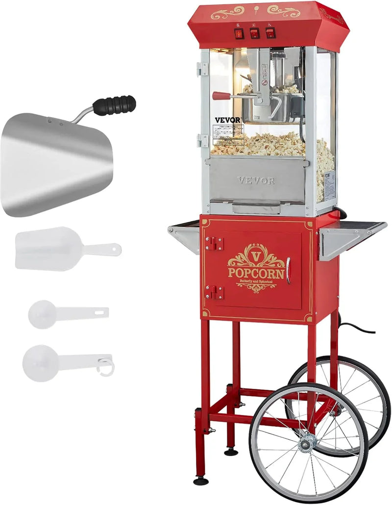 Popcorn machine, 12-ounce pot capacity, 1440-watt countertop popcorn machine, can produce 80 cups per batch, cinema-style popcorn machine, equipped with 3 switches for control, steel frame, tempered glass door, 1 pot, 2 spoons, red version H1