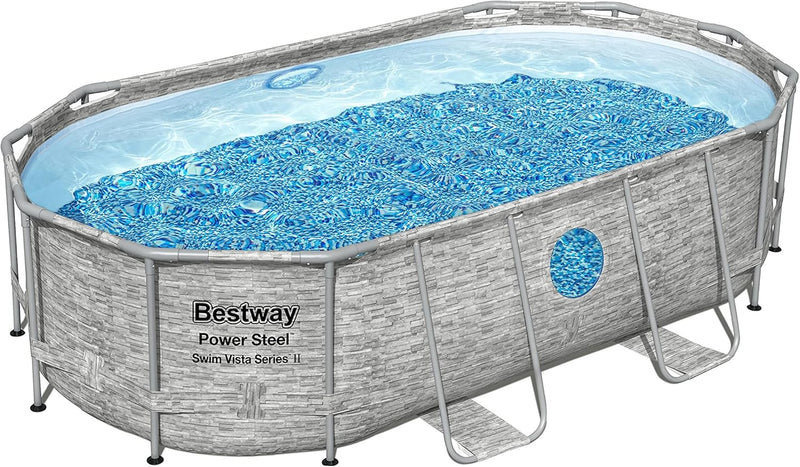 The robust steel swimming pool "Horizon Series II" - a 14 feet x 8 feet 2 inches x 39.5 inches outdoor above-ground pool package, equipped with a 530 liter/minute filtration pump, ladder and pool cover. K3
