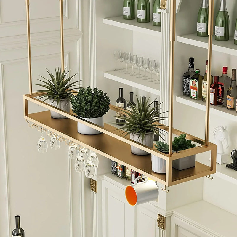 Wall Mounted Wine Rack for Bars & Restaurants Gold Metal Hanging Storage for Wine Bottles & Stem Glasses Perfect for Dining Room & Kitchen Decor Space Saving Design F3