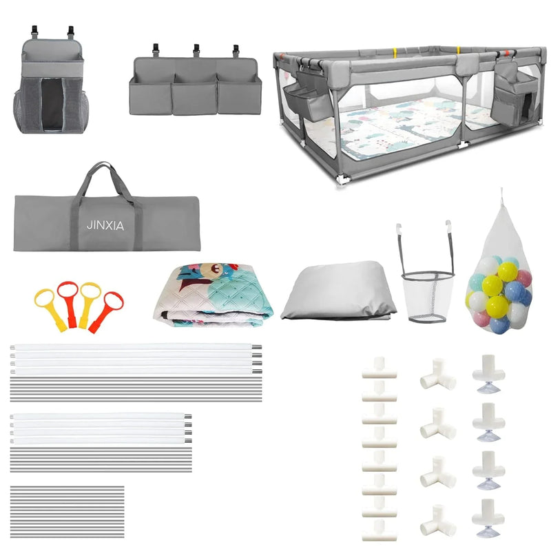 Baby Playpen with Mat 75"*59", Extra Large Playpen for Babies and Toddlers with Storage Bag, BPA-Free, Non-Toxic, Safe No Gaps Playards for Babies, Sturdy Safety Play Yard for Indoor Outdoor Fun, Grey T7