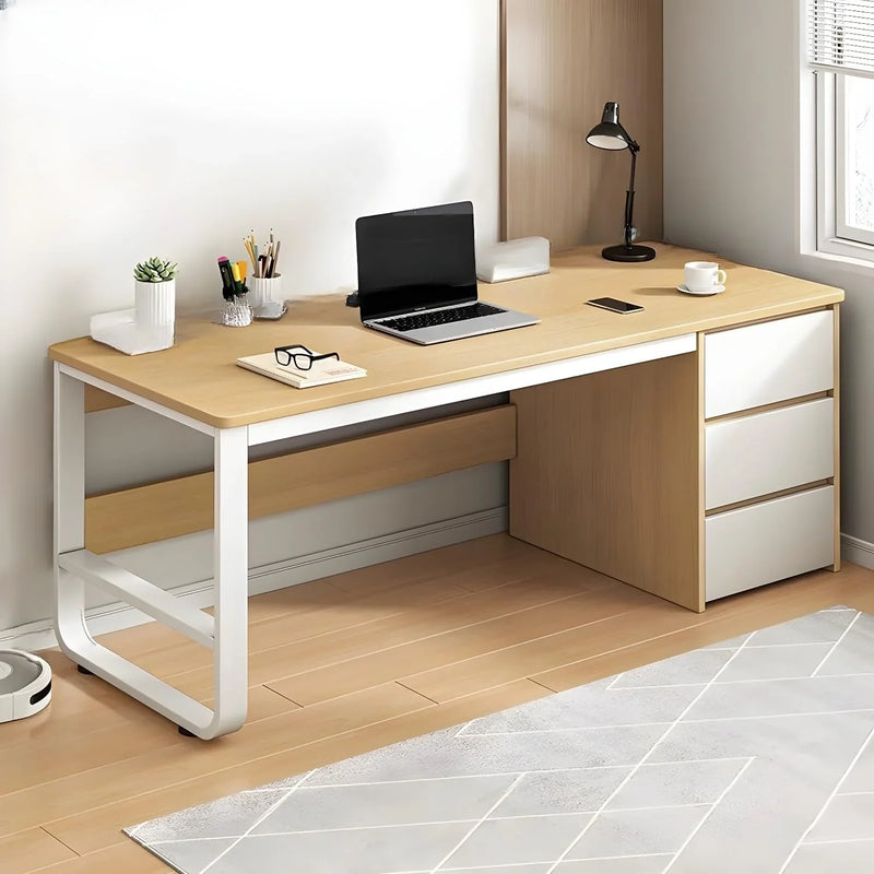 This stylish and modern office desk features an integrated cable management system, a wooden desktop, and a rectangular shape. It comes with three drawers and is ideal for both office and home use. Available in brown, it measures 63 inches in length, Z0