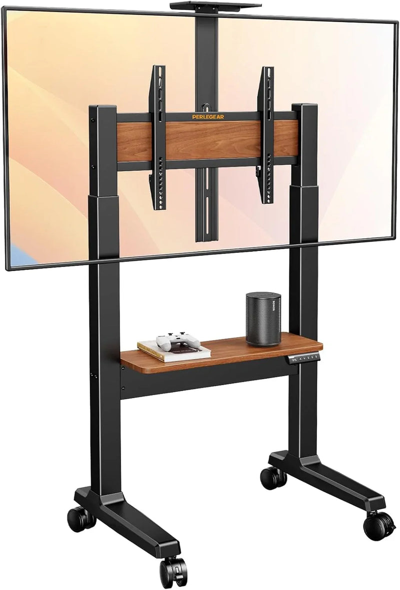 Motorized Mobile TV Stand on Wheels for 37–86 Inch TVs up to 154 lbs, Electric Height Adjustable Rolling TV Stand, VESA 200x200–600x400mm, Wooden Shelf & Panel, PGTVMC26B W9