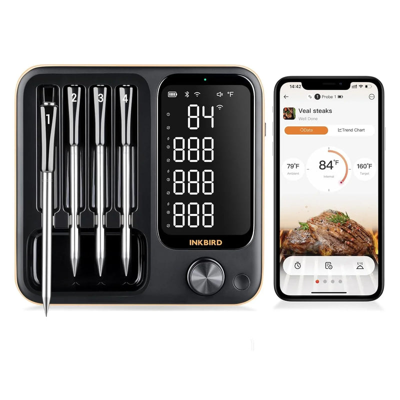 True wireless meat thermometer, equipped with 4 probes, Bluetooth meat thermometer, with backlit LCD display, Wi-Fi-enabled smart food thermometer, rechargeable, suitable for barbecue grills, charcoal grills, ovens, and rotating barbecue racks. C0