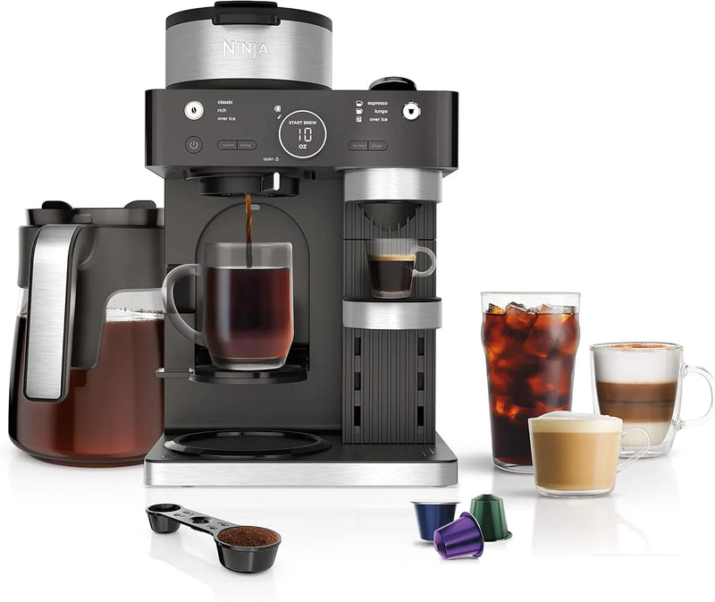 Italian espresso machine and coffee-making system, featuring three espresso brewing modes, supporting single-portion coffee and Nespresso capsules, with a built-in frother, capable of making Italian espresso, cappuccino and latte. Black style. T4