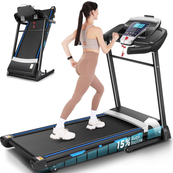 ANCHEER Folding Treadmill with 15% Auto Incline,3.25HP Ultra-silent Motor, Speed Range of 0.6~10MPH,300lb Capacity, APP Bluetooth... P9
