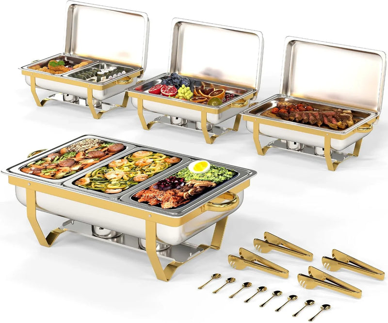 4 Pack Stainless Steel Chafing Dishes for Buffet, 9 QT Capacity 7 Pans Food Warmers for Parties, Weddings, Events Hosting, Family Gatherings, Full Set Catering Server with Serving Utensils Accessories F7