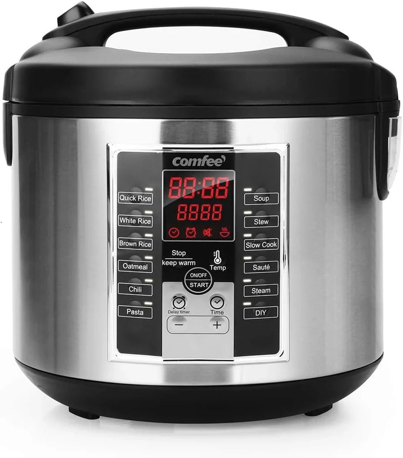 Compact electric rice cooker, 6-in-1 stainless steel multi-functional cooking utensil, slow cooker, steamer, frying pan, heater and warmer, 2-gallon capacity (8 cups cooked, 4 cups uncooked), suitable for brown rice, quinoa and oats, 6 one-button pro B5