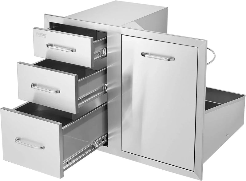 Pull Out Trash Drawer 13.4"W x 25.7"H x 19.6"D Lower Sliding Rails Stainless Steel Roll Out Trash Bin Pull Out Tray Outdoor Kitchen Trash Drawer with Handle for BBQ Island Grill Station D1
