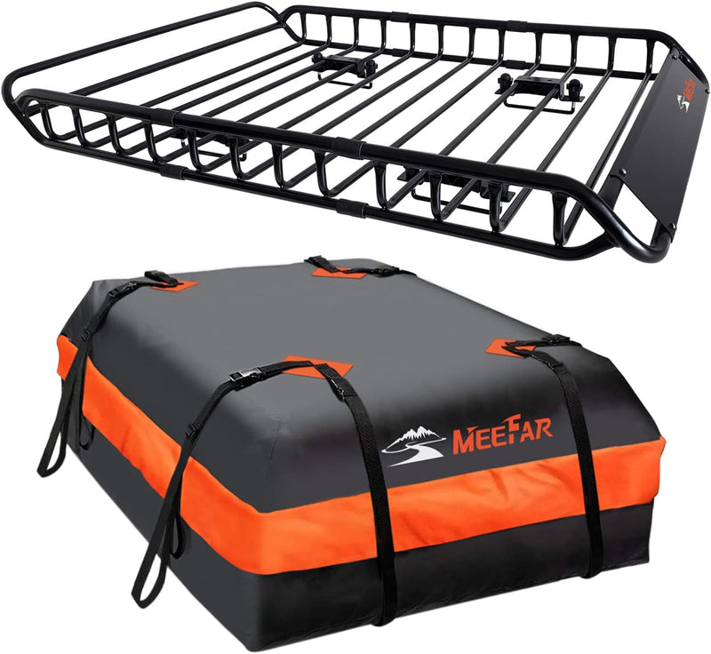 Roof Rack Carrier Basket Universal Rooftop 51" X 36" X 5" Waterproof Bag 15 Cubic Feet (44" 34" 17"), and Cargo Net with Attachment Hooks, Ratchet Straps R8