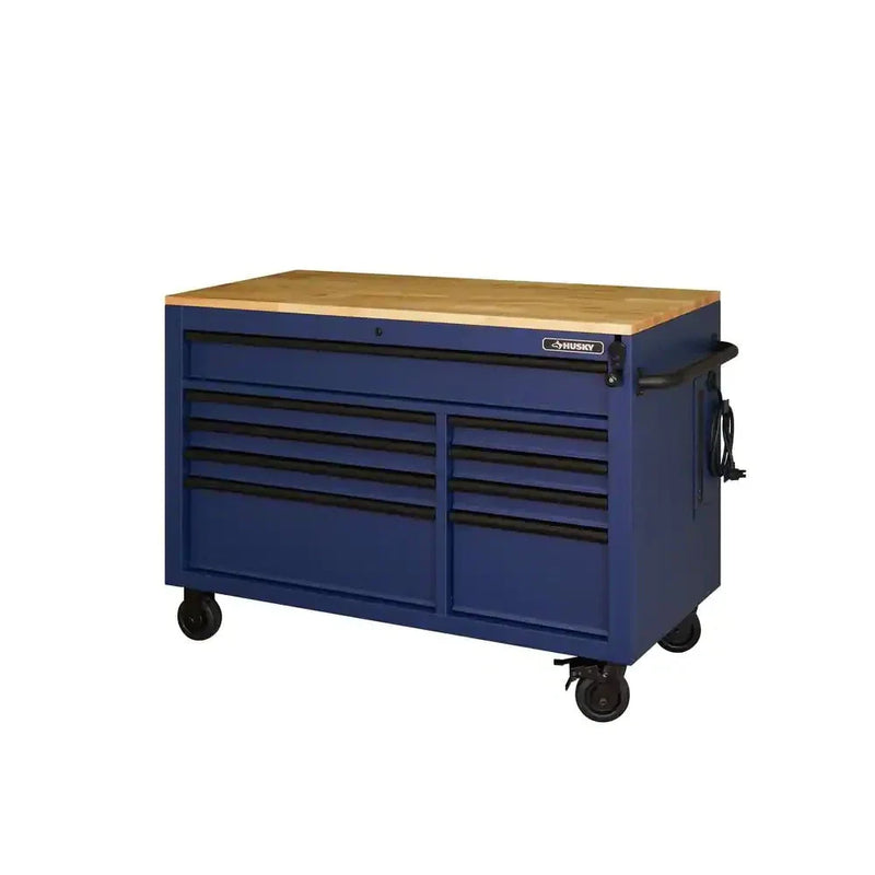 Heavy-Duty 52 in. 9-Drawer Mobile Workbench with Adjustable-Height Solid Wood Top in Matte Blue L6