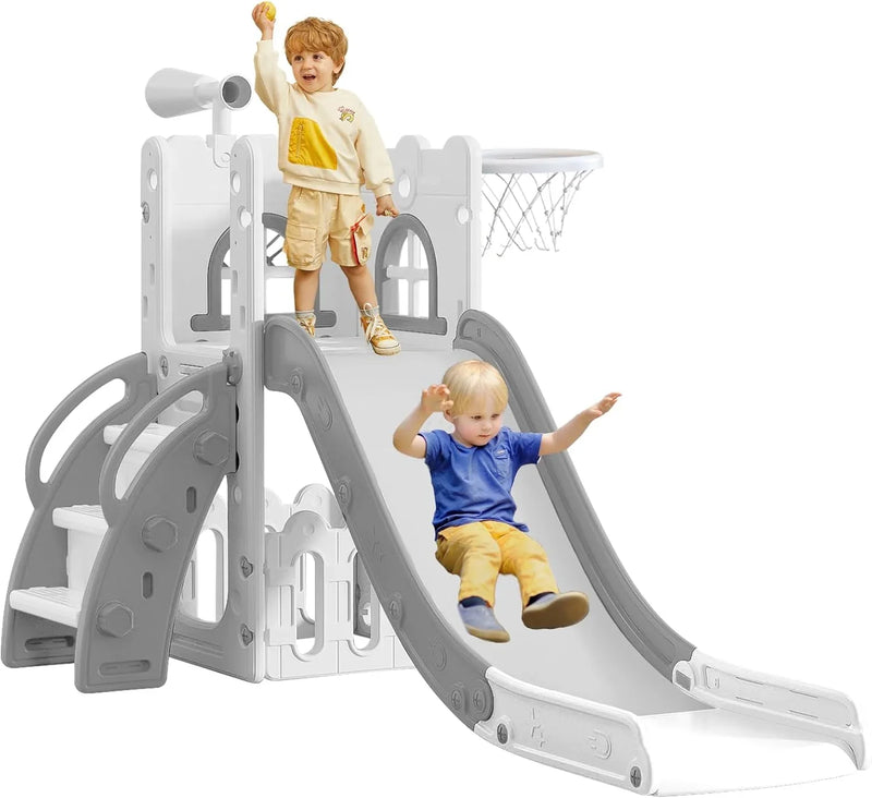 6 in 1 Toddler Slide for Toddler Age 1-3,Kids Climber Slider for Indoor Outdoor Playground with Basketball Hoop,Storage and Telescope,L Shaped Slide for Toddler Climber Playset Q7