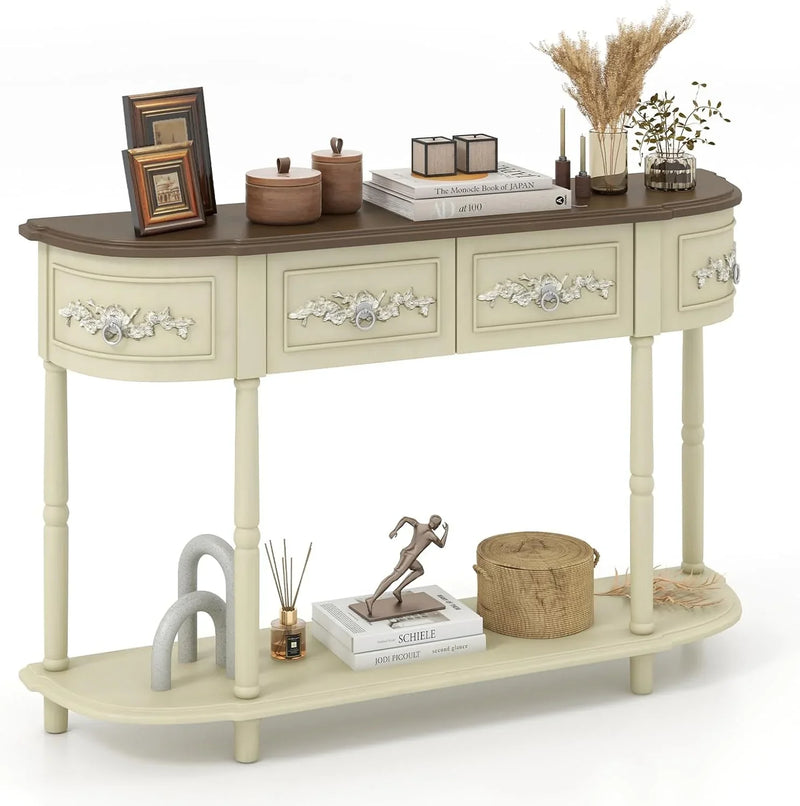 Retro game console table with drawer, 52-inch narrow sofa table with open shelves, table with storage function at the half-moon entrance, solid wood legs, entrance table for retro living room corridor, beige color scheme P5