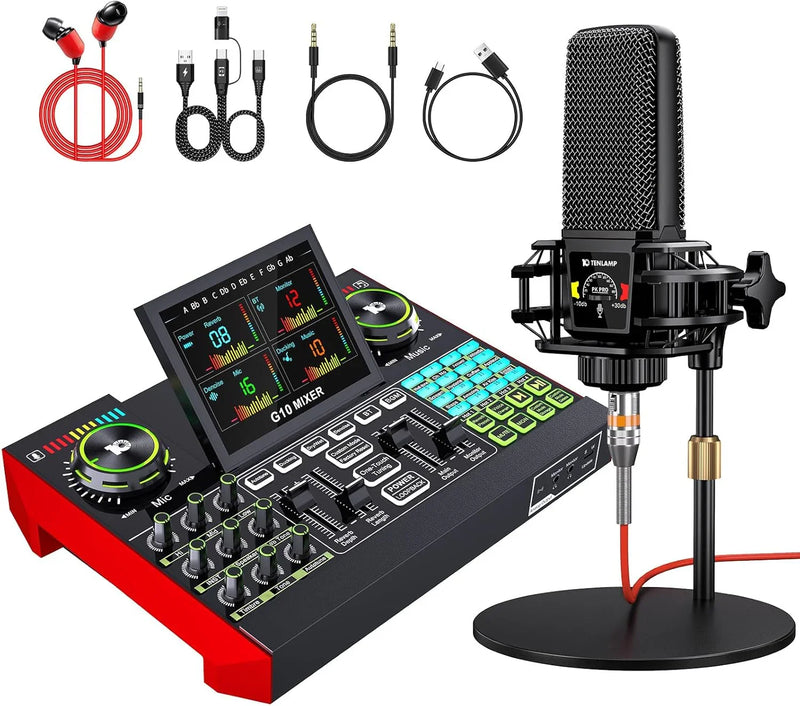 Podcast Equipment Bundle,with 3.5mm Condenser Microphone & Live Sound Card - Audio Mixer for Streaming, PC/Mobile Live Singing, Gaming Content Creators, Soundboard with USB Computer Interface B9