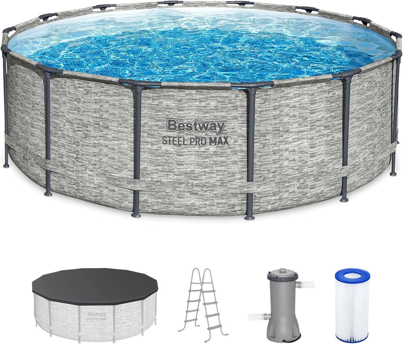 Above Ground Swimming Pool w/ Pump, Cover, & Ladder, 14' x 48", Steel Pro MAX, Gray - Backyard Outdoor Round Pool w/ Filter, 42-Inch Deep Water Y1