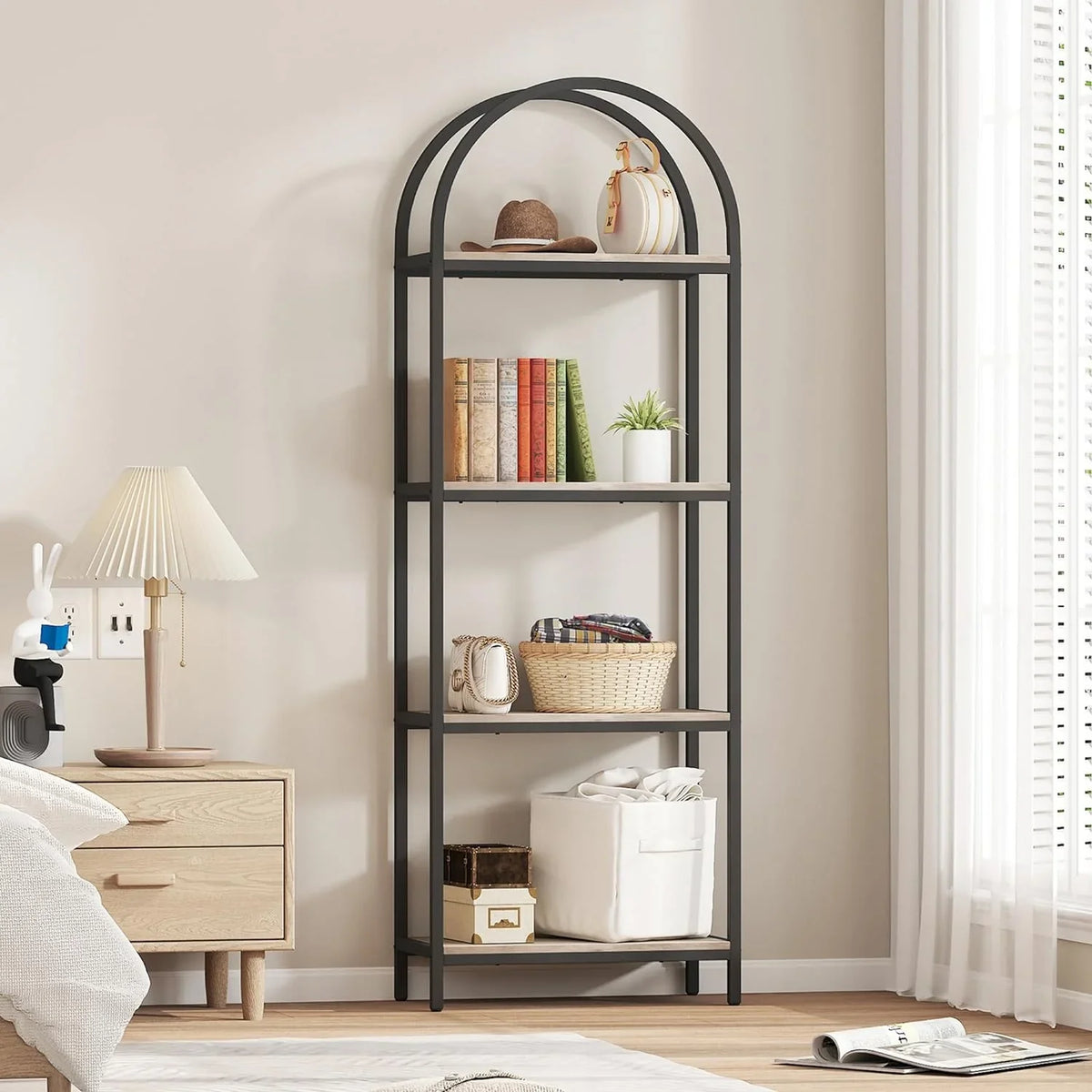 Yusong Bookshelf Rattan Arched Bookcase, 74" Tall Industrial Open Book Shelves for Living Room, Modern Freestanding Boho 5 Tier Display Storage Rack with Metal Frame, Office, Bedroom, Burlywood