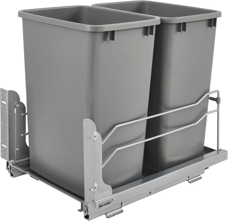 A double pull-out trash can suitable for the bottom of kitchen cabinets, with a capacity of 35 ounces (approximately 0.875 gallons), equipped with a gentle closing sliding mechanism, and in the color of Orison Gray. P4