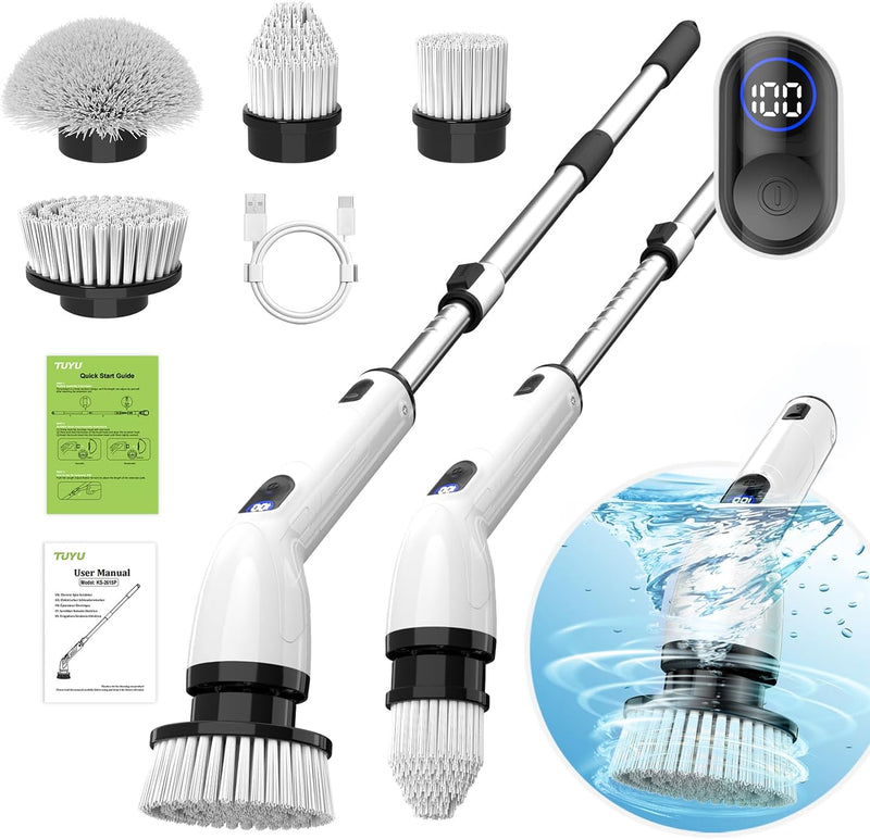 Electric Spin Scrubber, Full-Body IPX7 Waterproof Bathroom Scrubber with Power LCD Display, Adjustable Extension Handle, Cordless Shower Cleaner Brush for Bathtub Kitchen Wall Cleaning A7