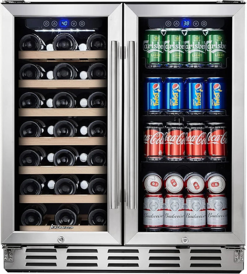 24 inch Wine Cooler, 46 Bottle - Dual Zone Built-in or Freestanding Fridge with Stainless Steel Reversible Glass Door, for Home, Kitchen, or Office. N6