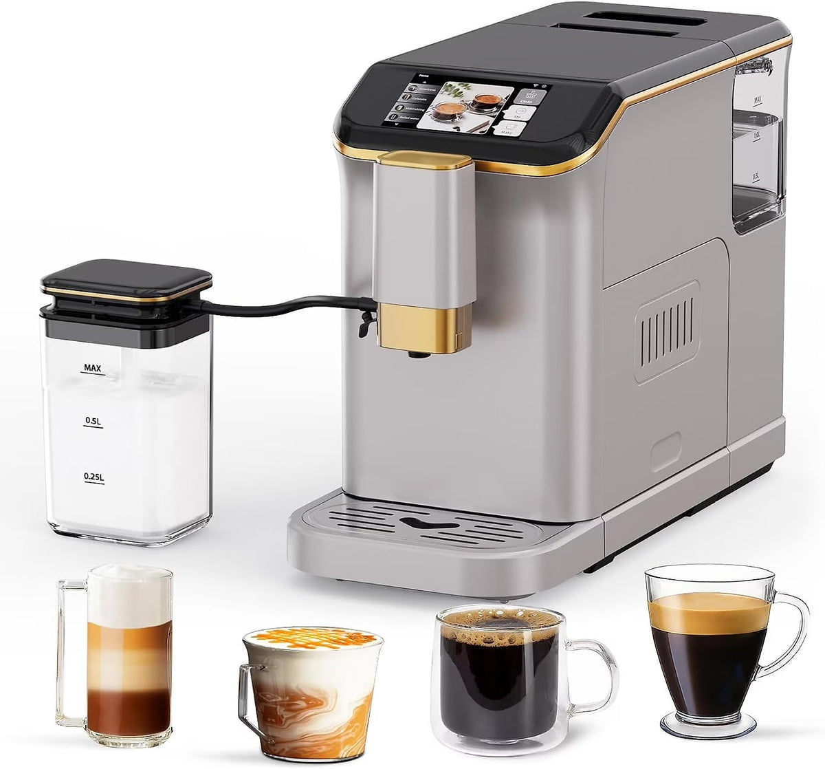 Full Automatic Espresso Machine with Built-In Grinder & Milk Frother - FTF Touchscreen Coffee Maker for Latte/Cappuccino, 20 Bar Pressur & 1.5L...