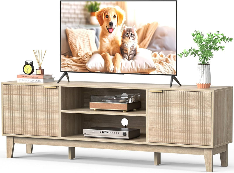 70" TV Stand for Living Room, Fluted Mid-Century Modern TV Console for TVs up to 80 inch, Farmhouse Entertainment Center with 2 Storage, Media Console Table for Living Room, Oak X8