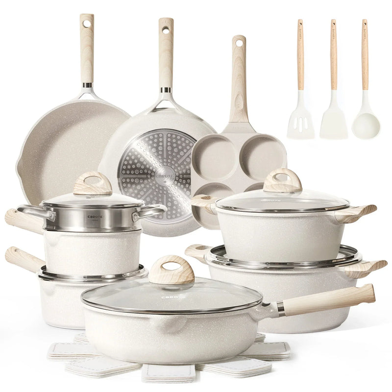 Carote Non Stick Pots and Pans Set, 21 Pcs Induction Kitchen Cookware Sets (Beige Granite) H7