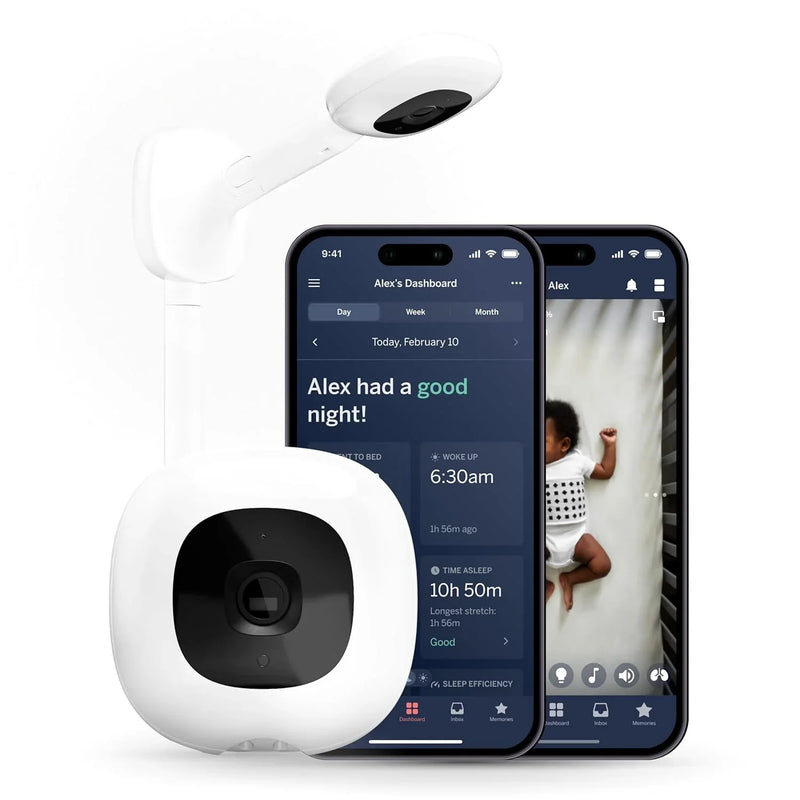 Smart baby monitor and wall-mounted device - 1080p security Wi-Fi video camera, sensor-free sleep and breathing motion tracker, two-way audio, sound and motion alerts, night vision function, breathing band - white B7