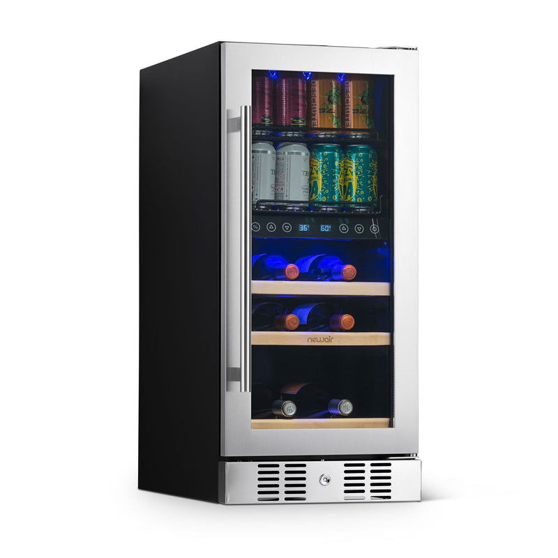 Newair 15 Dual Zone Beverage Cooler with Removable Beech Wood Shelves, Stainless Steel O7