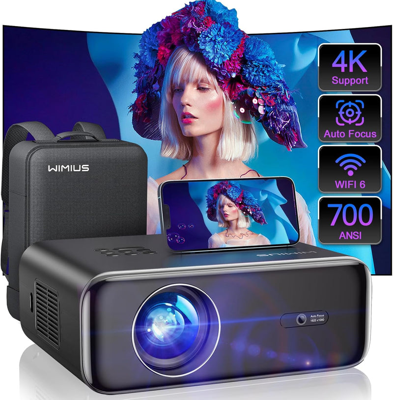 [Auto Focus/4K Support] Projector with WiFi 6 and Bluetooth 5.2, 700ANSI Native 1080P Outdoor Movie Projector, WiMiUS P62 Auto 6D Keystone & 50% Zoom, Smart Home Projector for iOS/Android/TV Stick T8