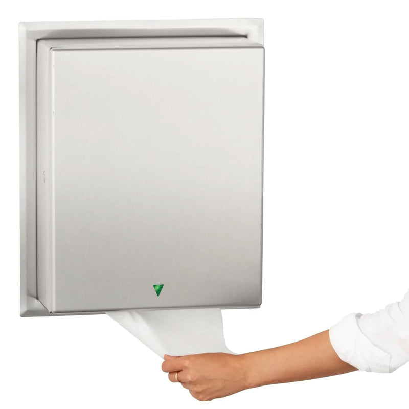 Automatic roll towel dispenser, semi-integrated design, matte stainless steel material, adjustable sensor, LED light guide, no contact operation, AC adapter/battery power supply, universal roll towel compatibility W1