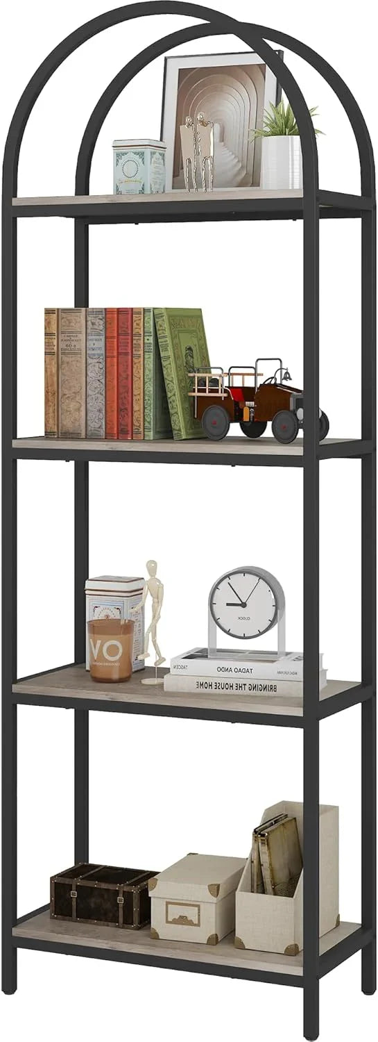 Yusong Bookshelf Rattan Arched Bookcase, 74" Tall Industrial Open Book Shelves for Living Room, Modern Freestanding Boho 5 Tier Display Storage Rack with Metal Frame, Office, Bedroom, Burlywood L9