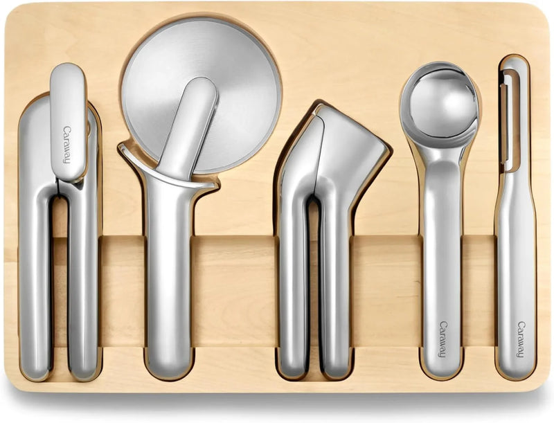 Kitchen Tool Set - Five-piece essential kitchen items - Made of stainless steel - Includes can opener, pizza cutter, garlic press, ice cream scoop, vegetable peeler and storage organizer box O0