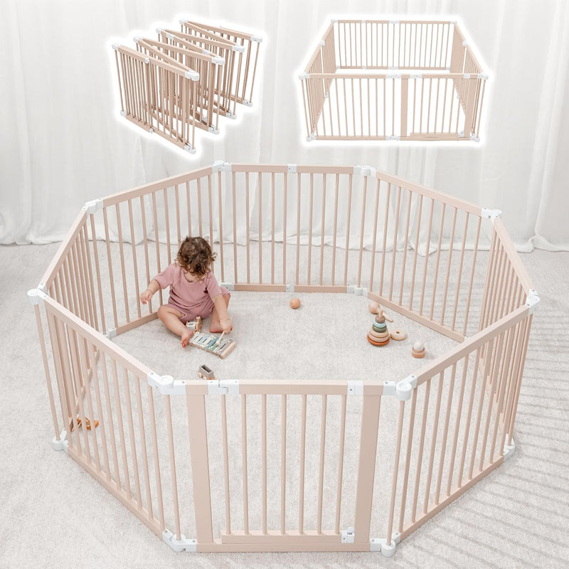 Baby Playpen & Gate - 144 x 144 x 63 cm, Extends Up to 579 cm - Pine Wood Foldable Playpen with Child-Proof Lock - Safe Play Fence Easy Assembly Baby Play Yard - Light Wood White J3
